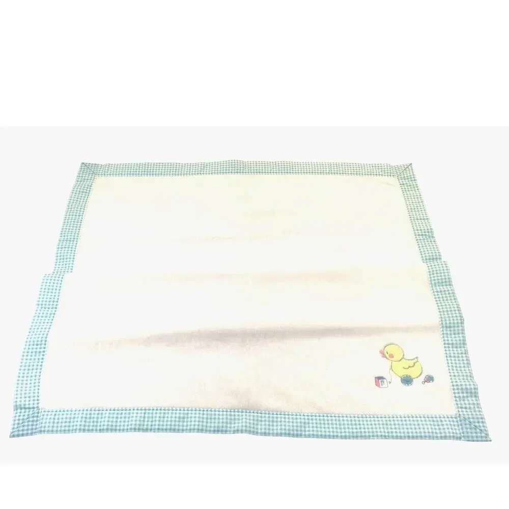Baby Blanket Cuddle Time White Aqua Check Trim Chick Vtg